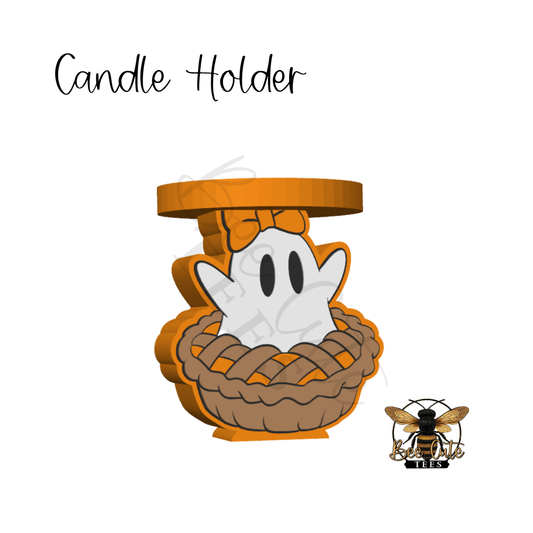 A cartoon-style candle holder shaped like a white ghost sitting in a brown woven basket with an orange lid, on a white background with the text 'Candle Holder' and a small bee logo.