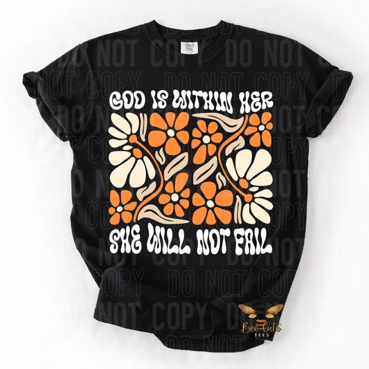 Black t-shirt with floral design and text on a white background