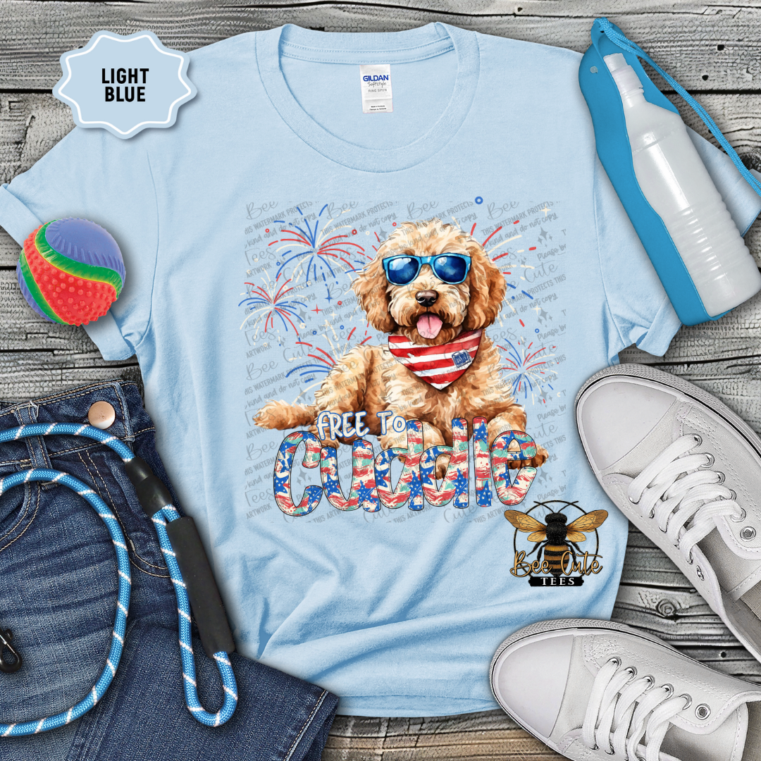 Light blue t-shirt with a dog graphic and text, surrounded by casual items on a wooden surface.