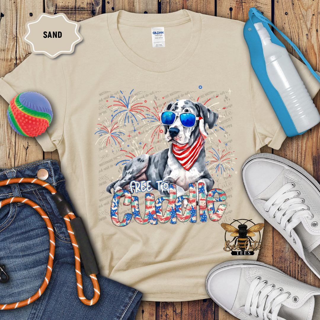 A beige colored t-shirt with a graphic print of a Great Dane dog wearing sunglasses and a patriotic scarf, surrounded by Fourth of July fireworks. The shirt is displayed flat with a pair of blue jeans, a white sneaker, and a red, white, and blue beach ball.
