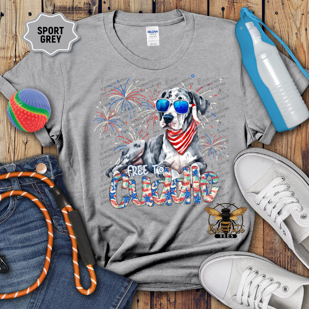 Gray t-shirt with a dog graphic and text, surrounded by jeans, shoes, and sports equipment on a wooden surface.
