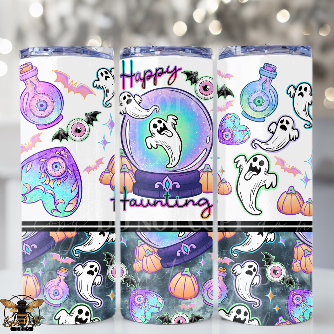 Set of three Halloween-themed tumblers with ghost, pumpkin, and potion designs.