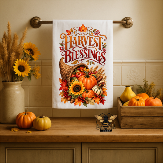 A white kitchen towel with a colorful 'Harvest Blessings' autumn print hangs on a brass towel bar over a wooden countertop. The scene is styled with fall decorations including sunflowers, pumpkins, and a wooden crate.