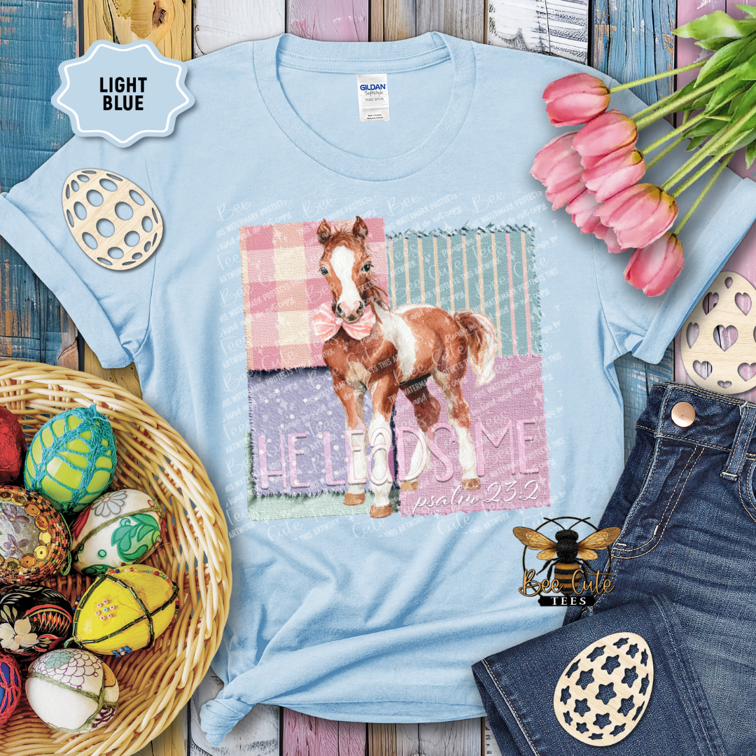 Light blue t-shirt with a horse graphic and text, surrounded by decorative items on a wooden surface.