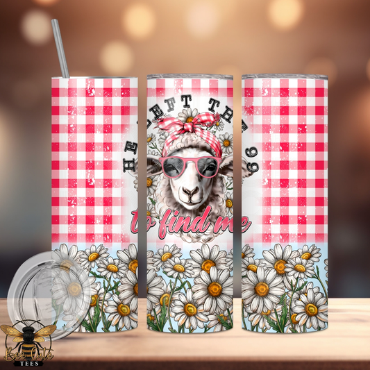 Tumbler with a design of a sheep wearing sunglasses and a bandana, surrounded by flowers on a red and white checkered background.