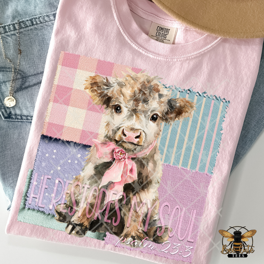 Pink t-shirt with a cow graphic and text 'He restores my soul' on a checkered background.