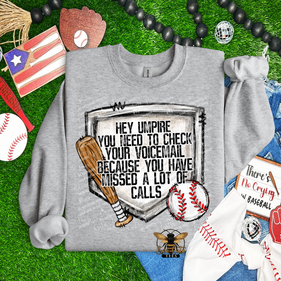 Gray sweatshirt with baseball-themed graphic and text on a grass background with sports-themed accessories.