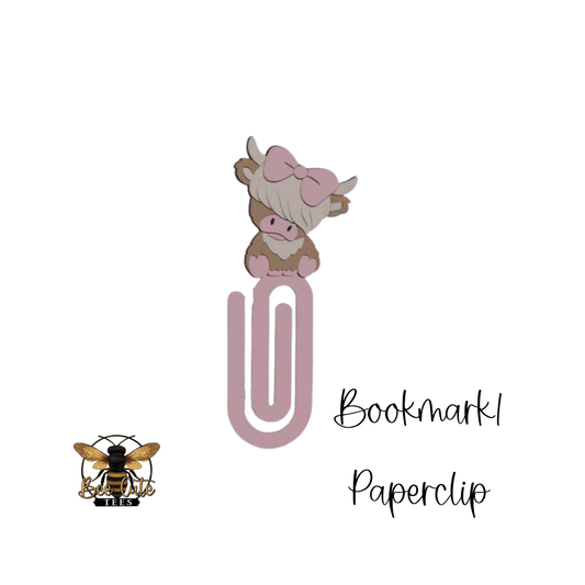 Bookmark paperclip with cartoon character and bee logo on a white background