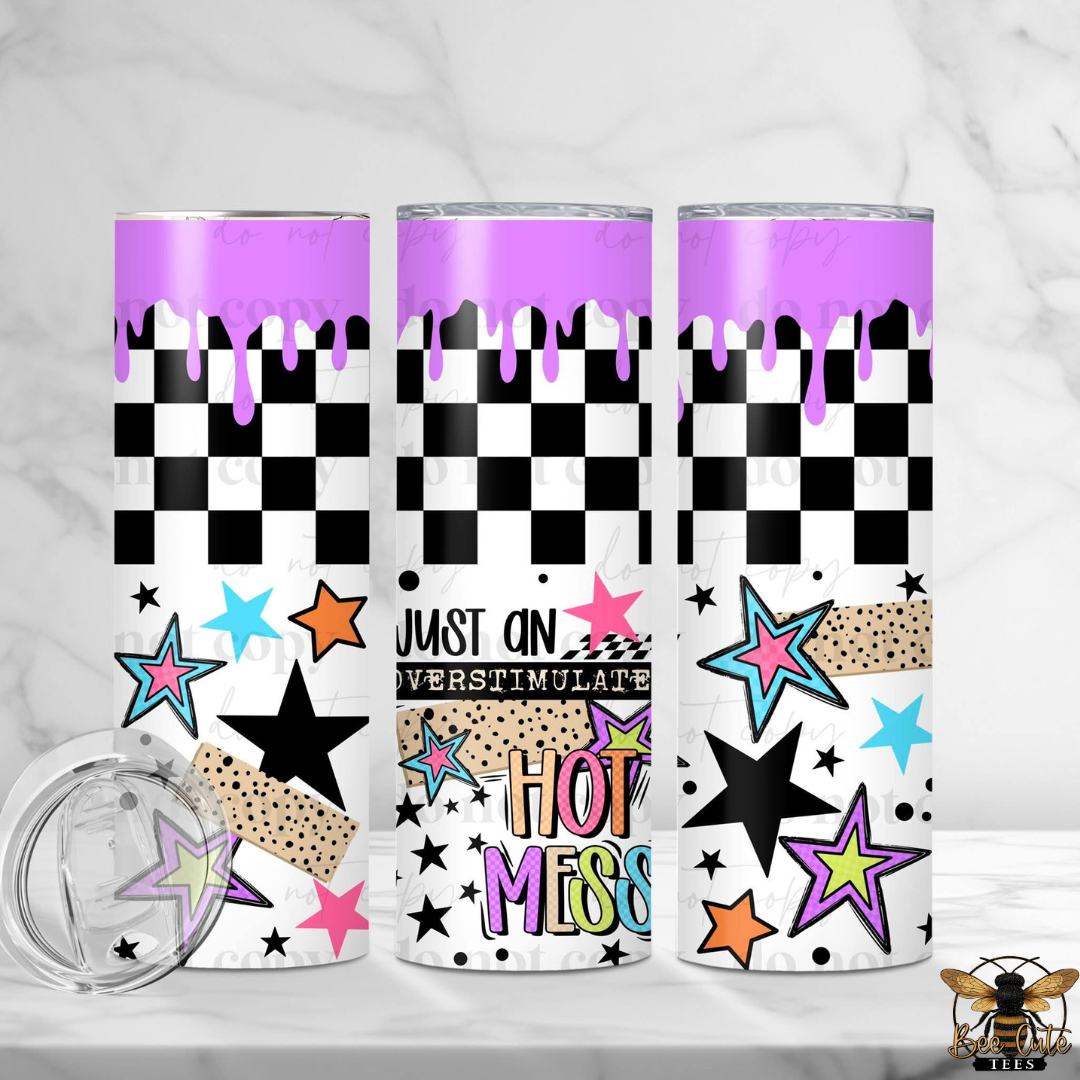 Three tumblers with colorful designs on a white background