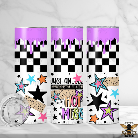 Three tumblers with colorful designs on a white background