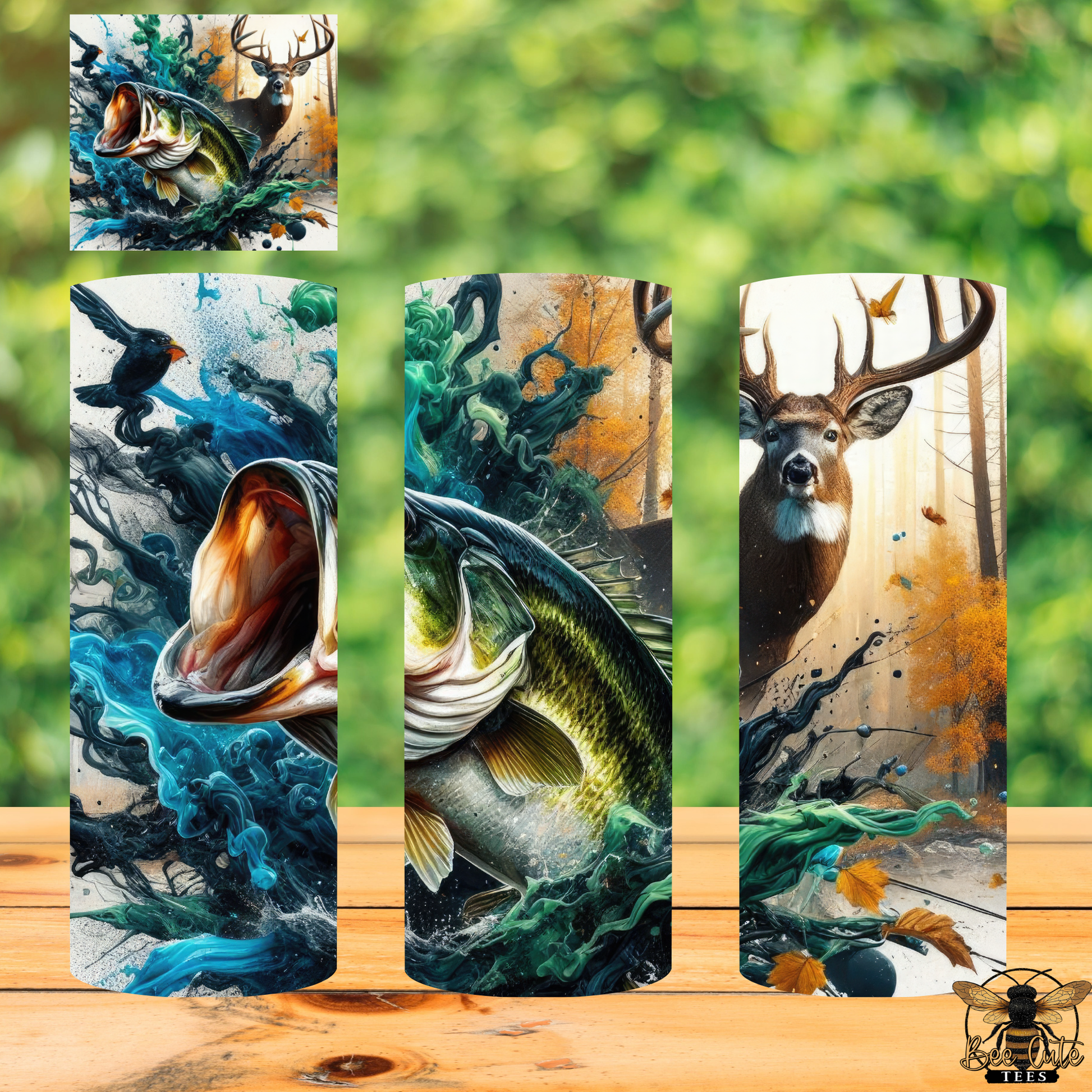 Collage of nature-themed tumblers with fish, deer, and birds on a wooden surface.