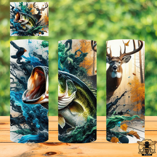 Collage of nature-themed tumblers with fish, deer, and birds on a wooden surface.