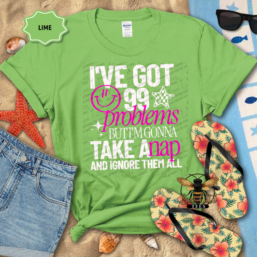 Green t-shirt with humorous text design on a beach-themed background with flip-flops and sunglasses.
