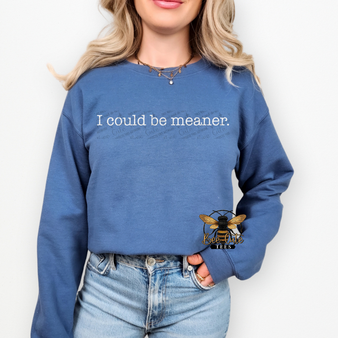 Person wearing a blue sweatshirt with 'I could be meaner.' text, standing against a white background.