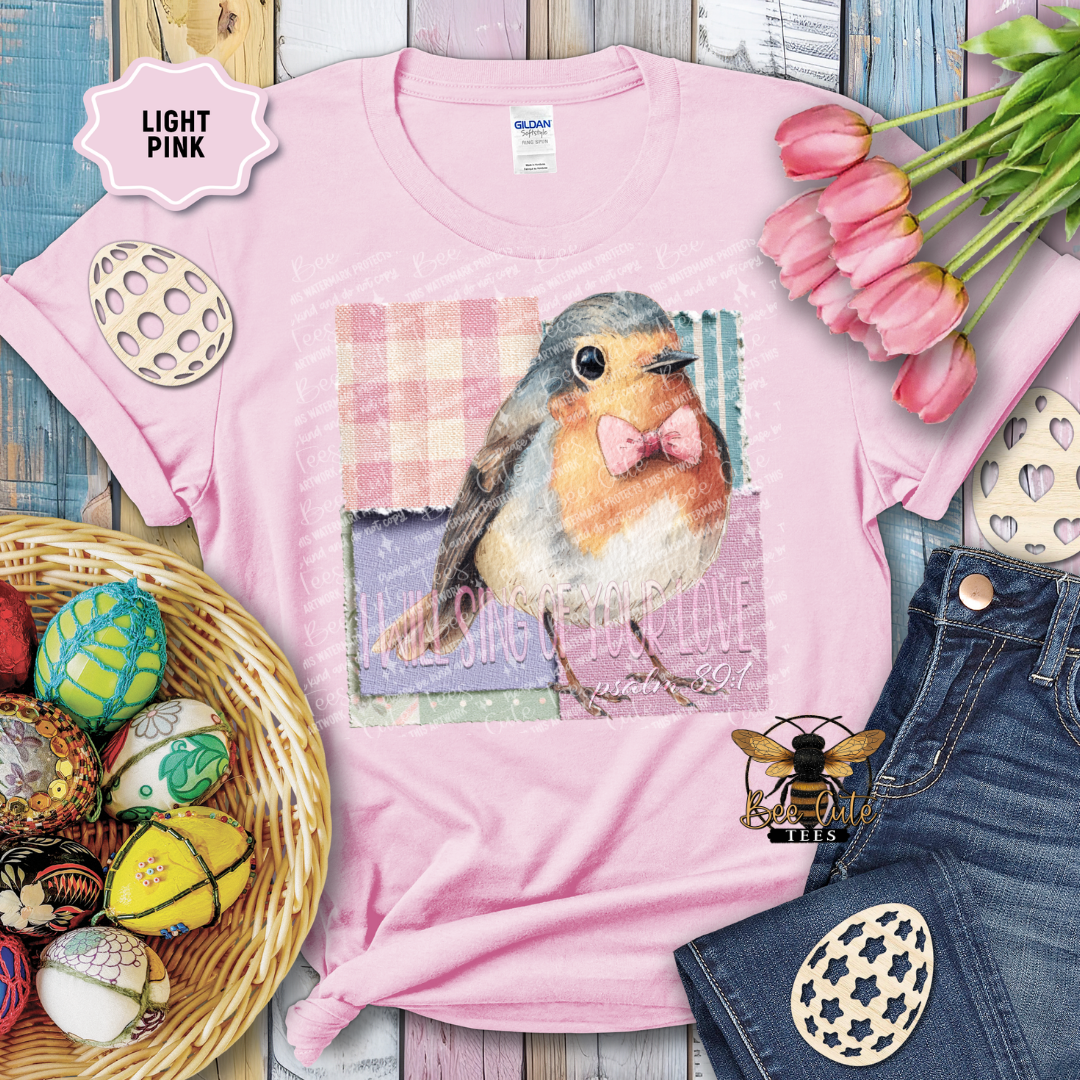 Pink t-shirt with a robin design and Easter decorations on a wooden surface