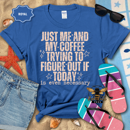 Blue t-shirt with humorous text design on a beach-themed background with sunglasses and flip-flops.