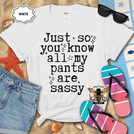 White t-shirt with 'Just so you know all my pants are sassy' text, surrounded by beach items.