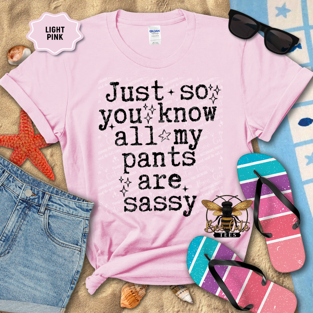 Light pink t-shirt with 'Just so you know all my pants are sassy' text, surrounded by beach items.