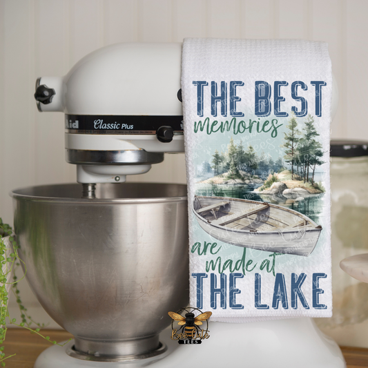 A mixer with a towel displaying 'The best memories are made at the lake' design.