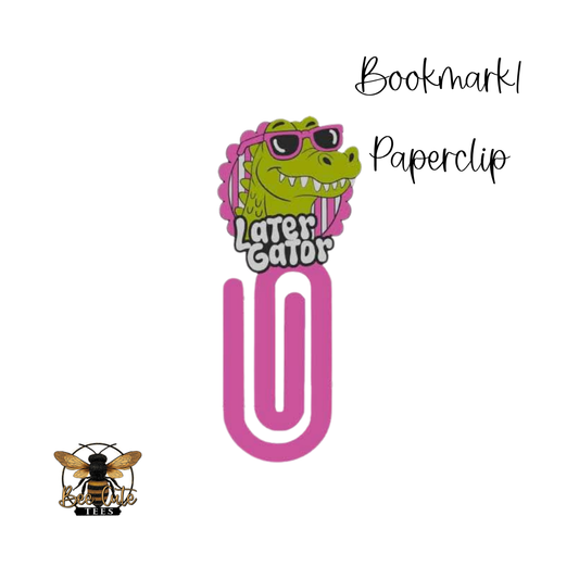 Pink paperclip with a green alligator head wearing sunglasses and 'Later Gator' text on a white background.