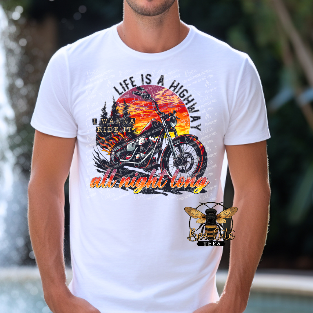 Man wearing a white graphic tee featuring a black motorcycle in front of a colorful sunset with the phrase “Life Is a Highway” in bold vintage-inspired lettering.
