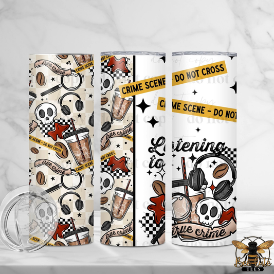 Three views of a skinny tumbler with a Halloween-themed coffee cup print, featuring skulls, magnifying glasses, headphones, coffee cups, and yellow 'CRIME SCENE DO NOT CROSS' tape. A clear lid is shown in the bottom left on a white marble background.
