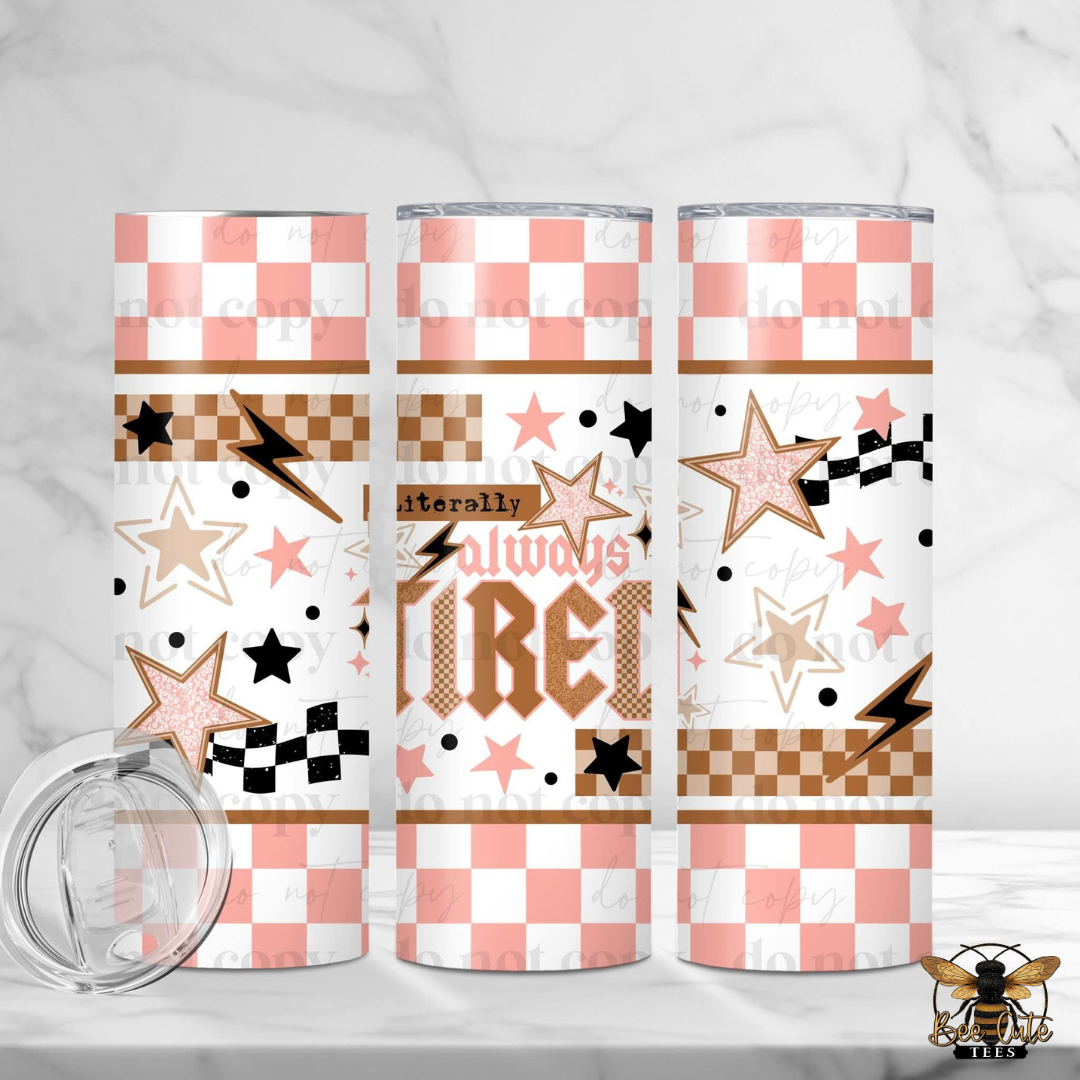Three tumblers with star and checkered pattern on a white background