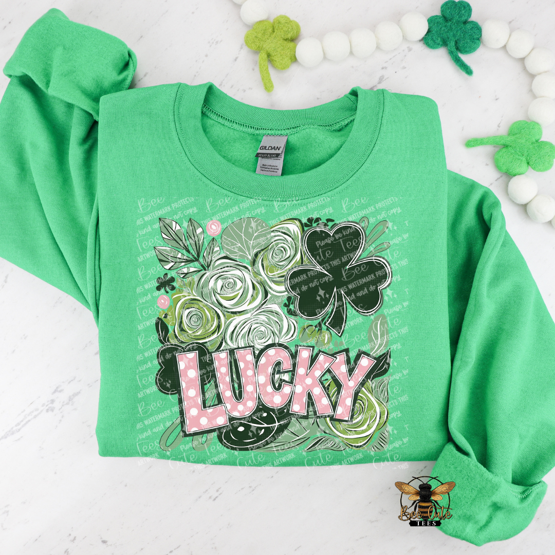 Green sweatshirt with 'LUCKY' design on a white background