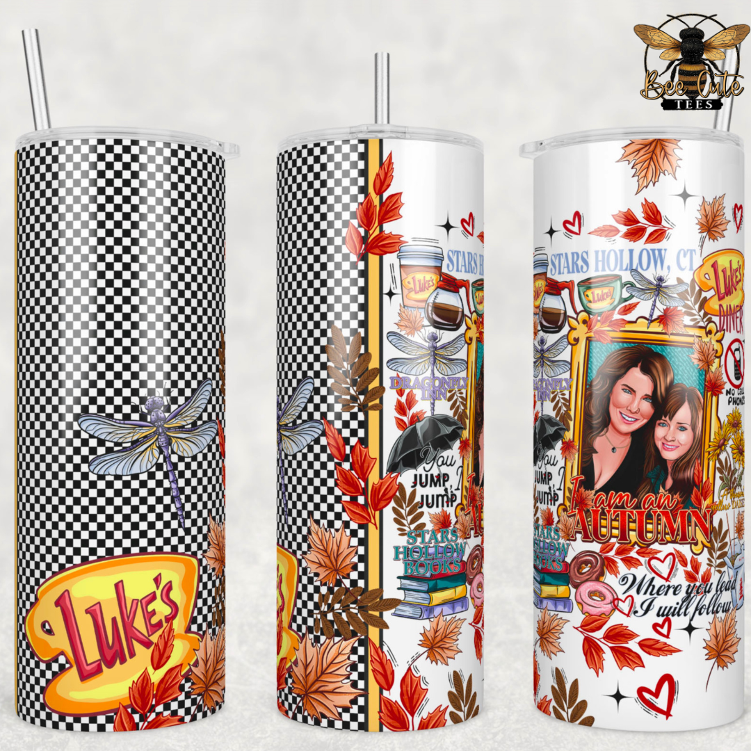 Three custom-printed skinny tumbler designs shown on a light gray background, each with a clear lid and straw. The left design has a black-and-white checkerboard pattern with a dragonfly and a yellow-orange 'Luke's' sign.