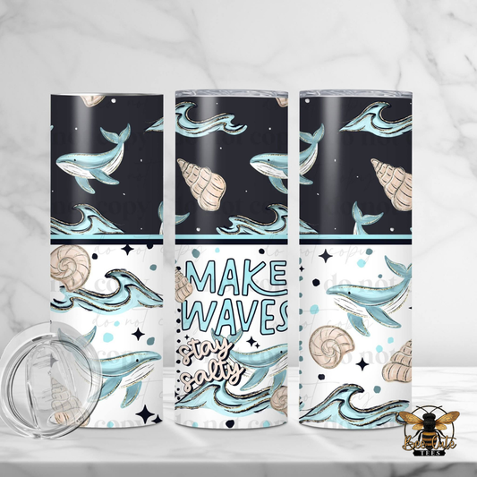 Set of tumblers with ocean-themed designs on a white background