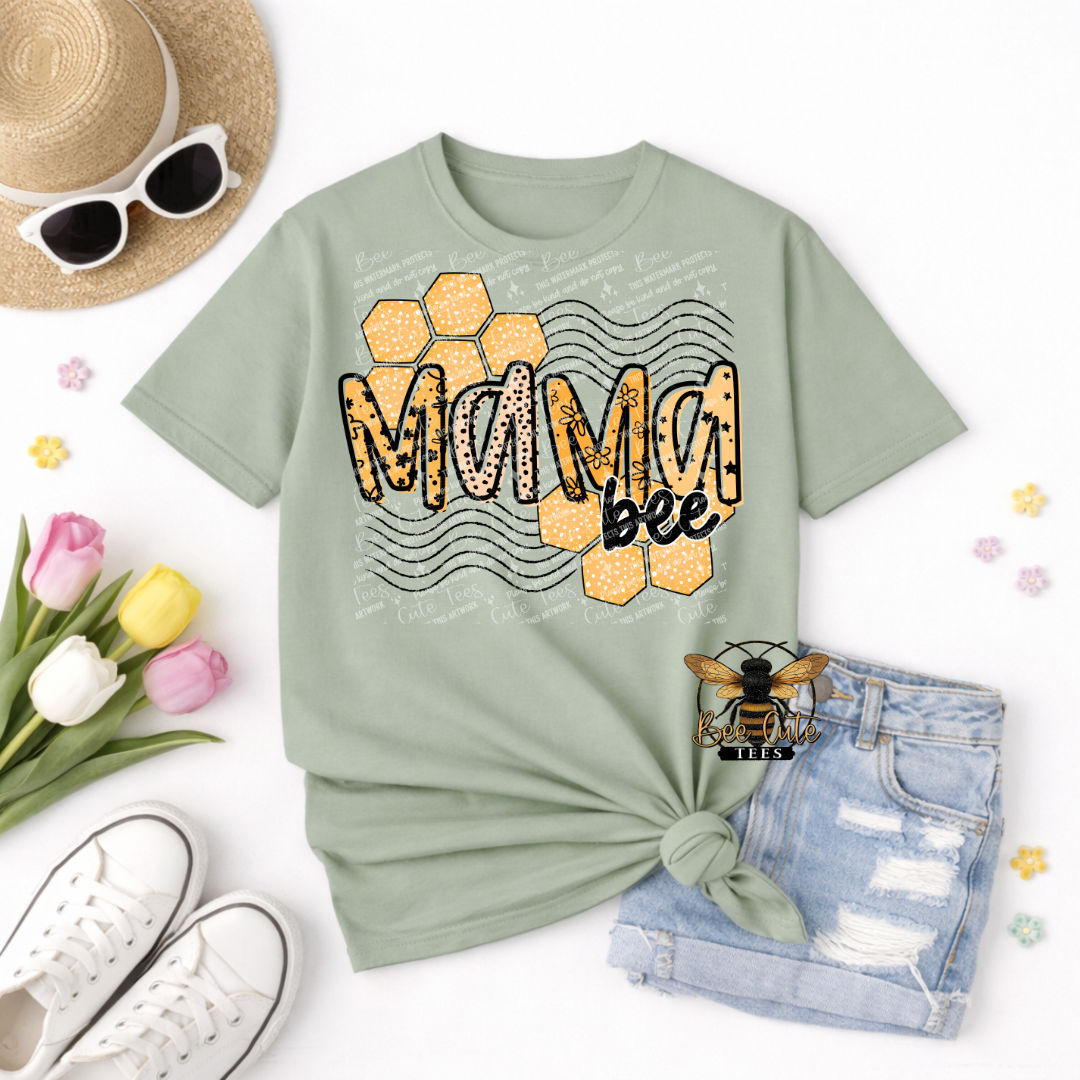Green t-shirt with 'Mama Bee' design, sunglasses, hat, tulips, and shorts on a white background