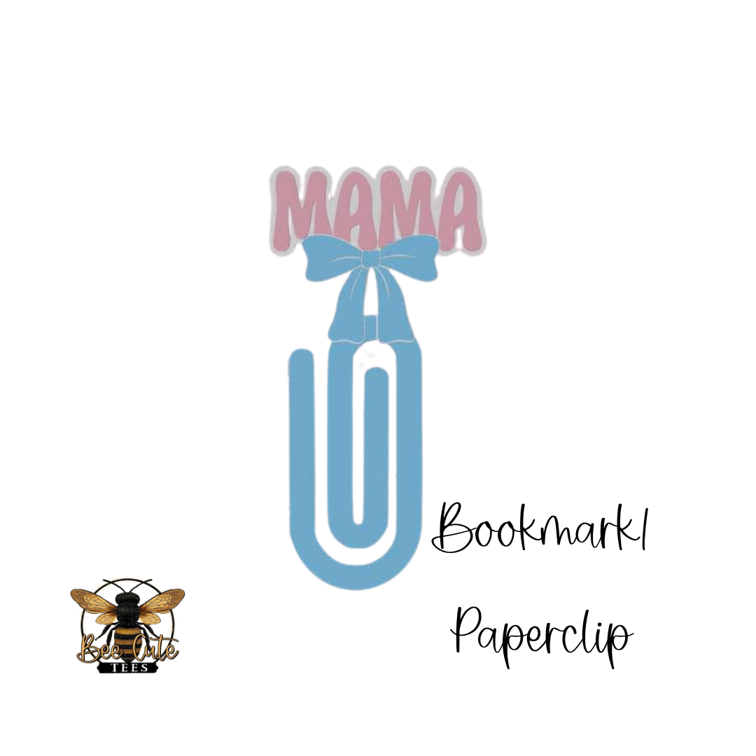 Bookmark paperclip with 'MAMA' text and a bow, featuring a bee logo on a white background.