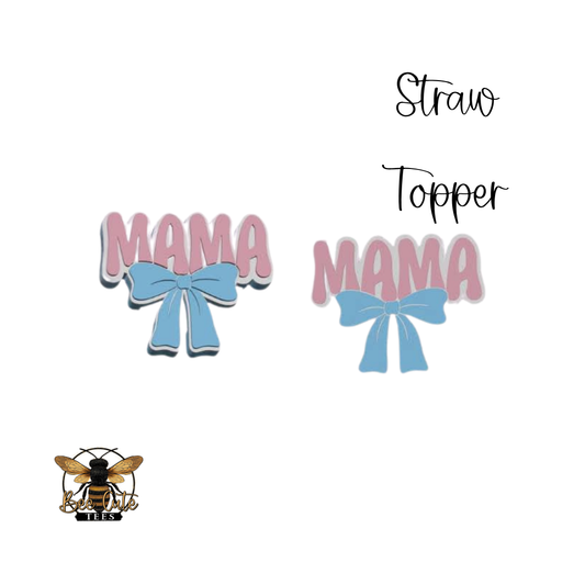 Two 'Mama' straw toppers with blue bows on a white background, featuring a bee logo.