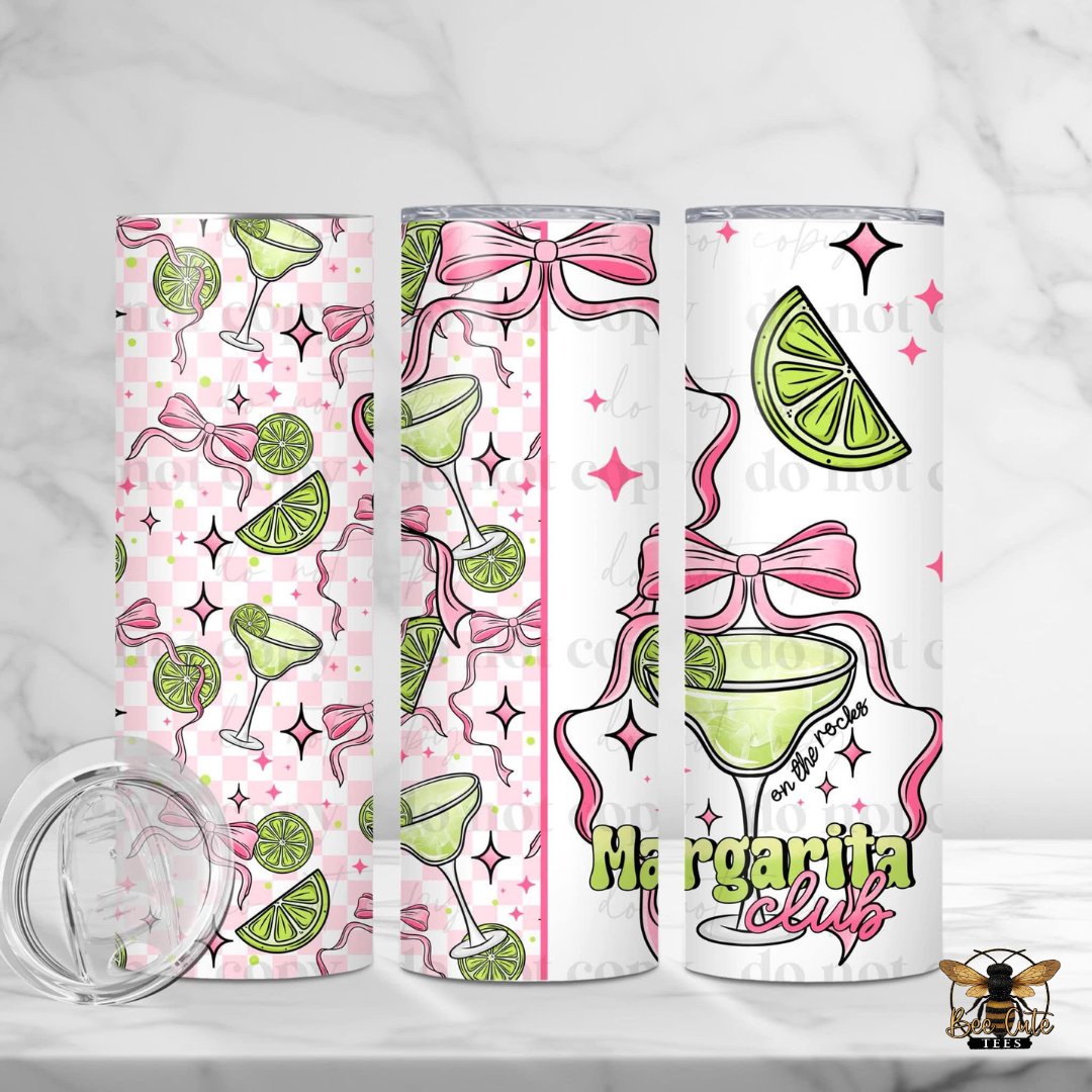 Three tumblers with margarita-themed designs on a white background