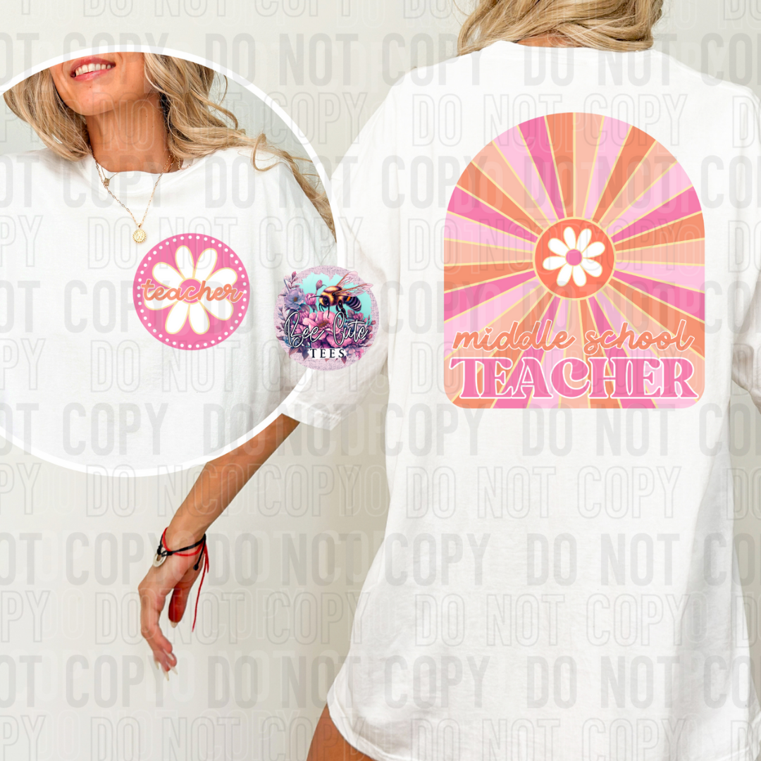 White t-shirt with colorful design and text on a plain background