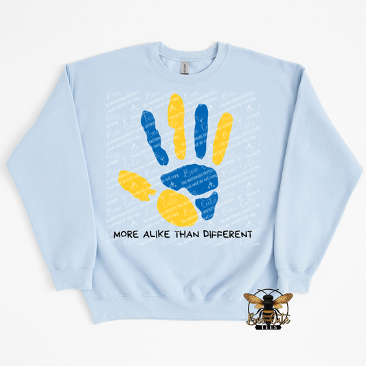 Light blue sweatshirt with colorful handprints and text on a white background