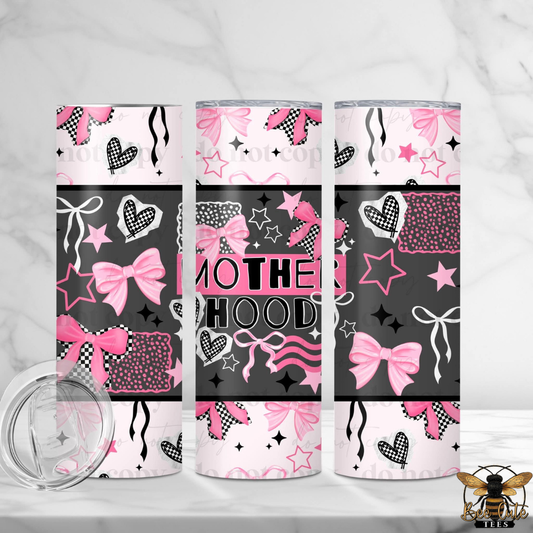 Three tumblers with pink and black patterns and 'MOTHERHOOD' text on a white background.