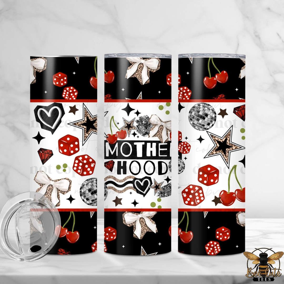 Three tumblers with decorative patterns on a white background