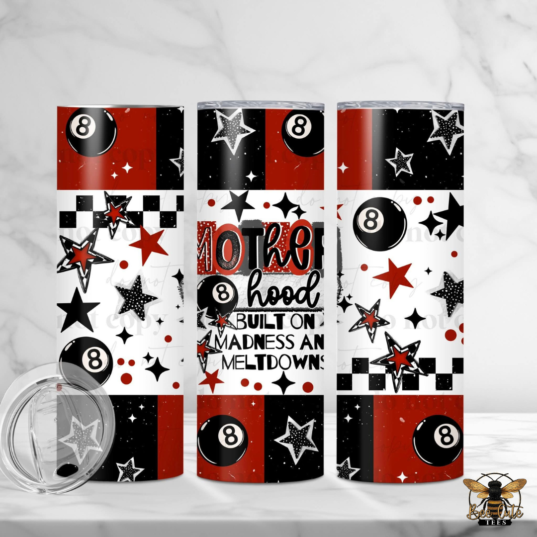 Three tumblers with a black, red, and white pattern featuring numbers and stars on a white background.