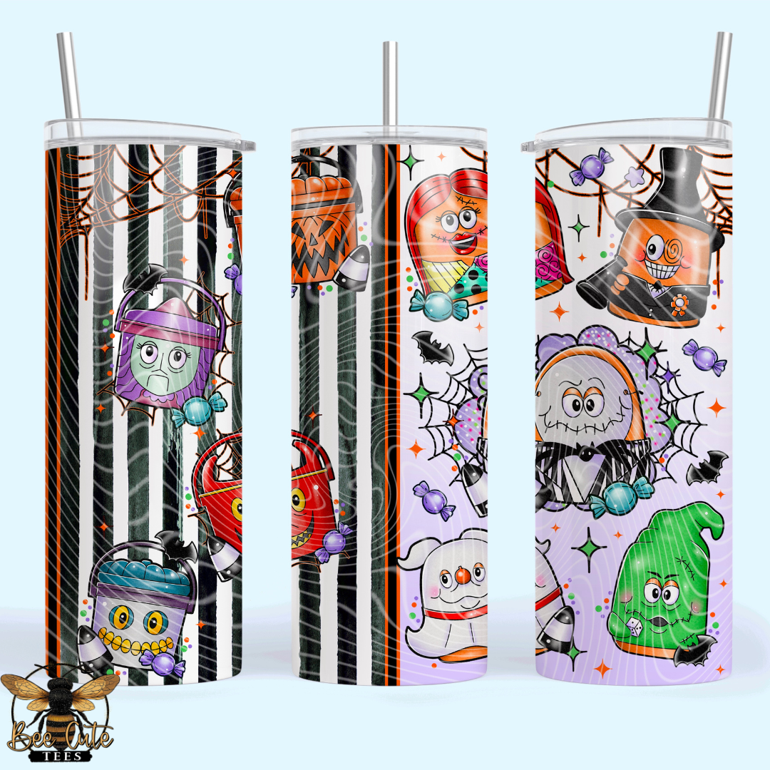 Three Halloween-themed insulated tumblers with clear lids and straws, shown on a light blue background. The tumblers feature colorful spooky illustrations including ghosts, bats, candy corn, pumpkins, spiders, and cobwebs on black-and-white striped and pastel backgrounds.