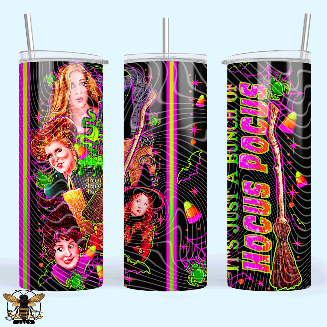 Three views of a skinny tumbler with a clear lid and straw, featuring a vibrant neon Halloween-themed design with portraits of witches, candy corn, broomsticks, and the text 'IT'S JUST A BUNCH OF HOCUS POCUS'.