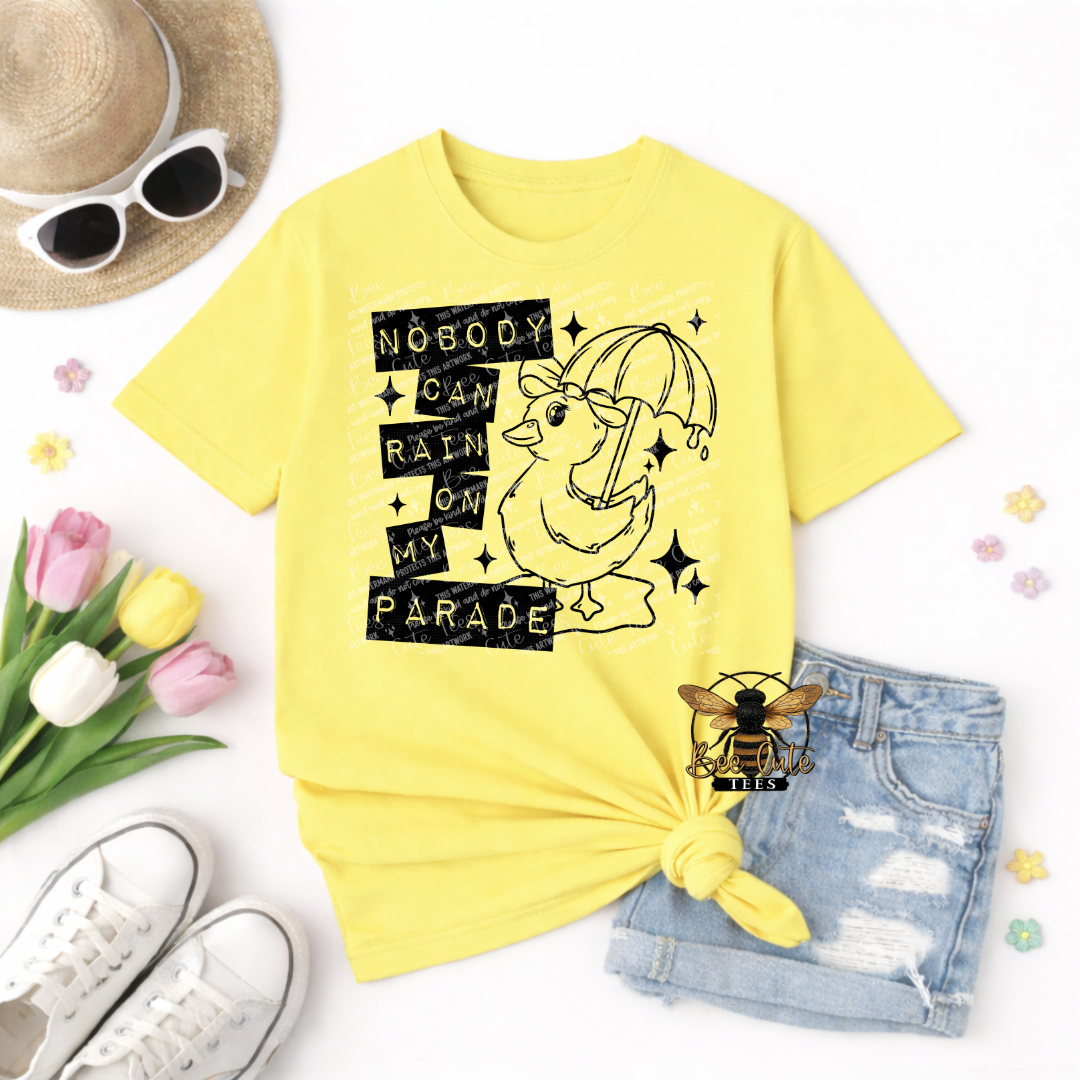 Yellow t-shirt with graphic design, sunglasses, shorts, and flowers on a white background
