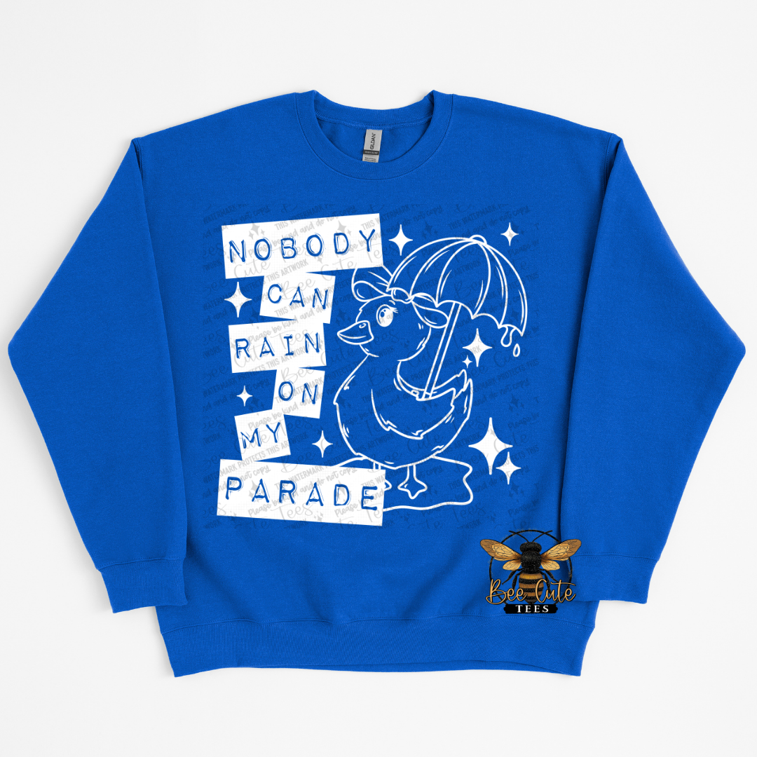 Blue sweatshirt with white graphic and text on a white background
