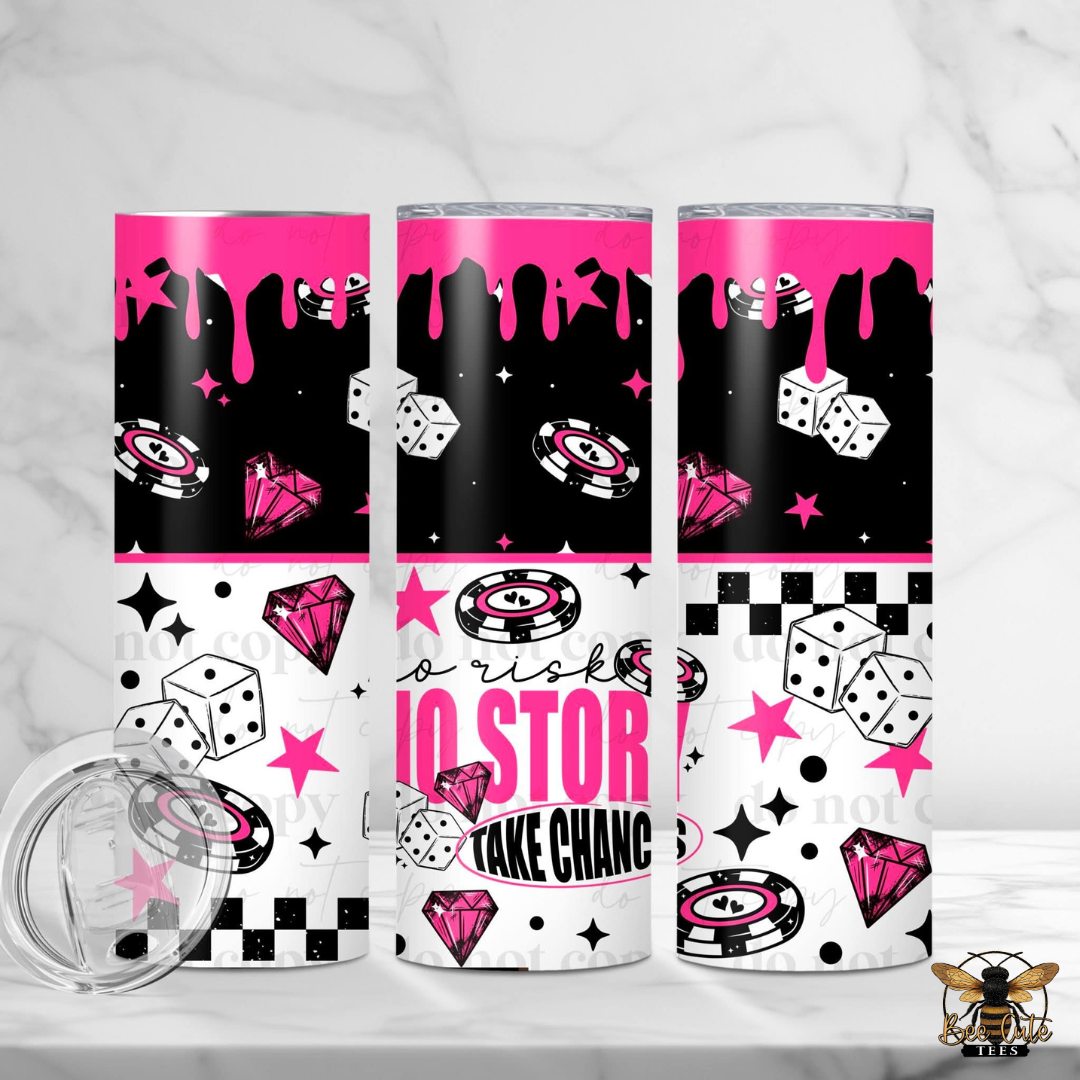 Three tumblers with pink and black designs featuring dice, stars, and text on a white background.
