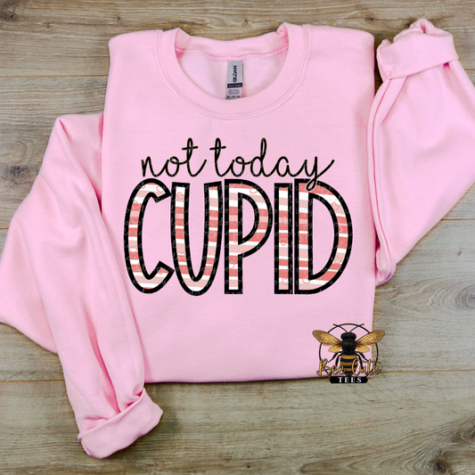 Pink sweatshirt with 'not today Cupid' text on a wooden surface