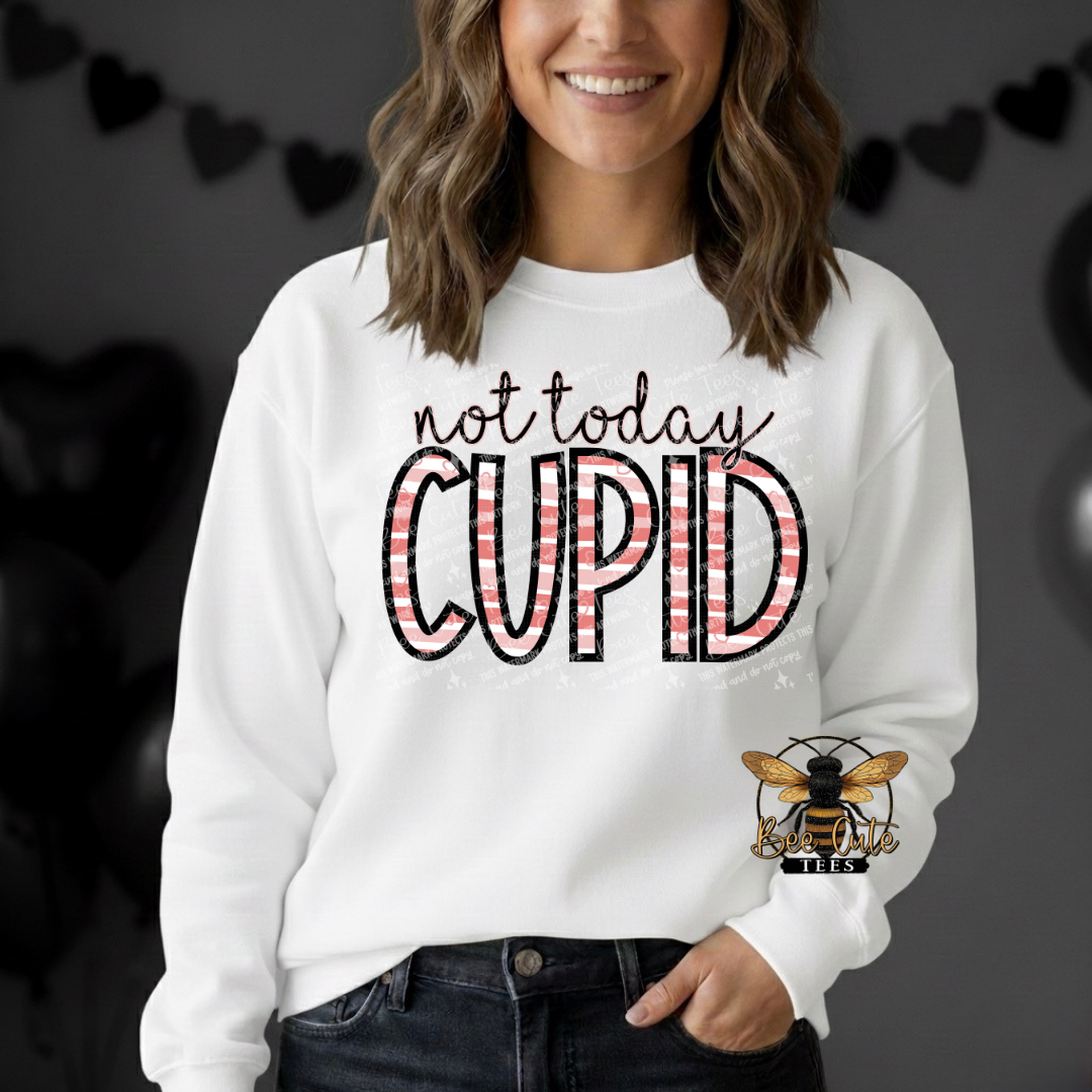 Person wearing a white sweatshirt with 'not today Cupid' text and a bee graphic.