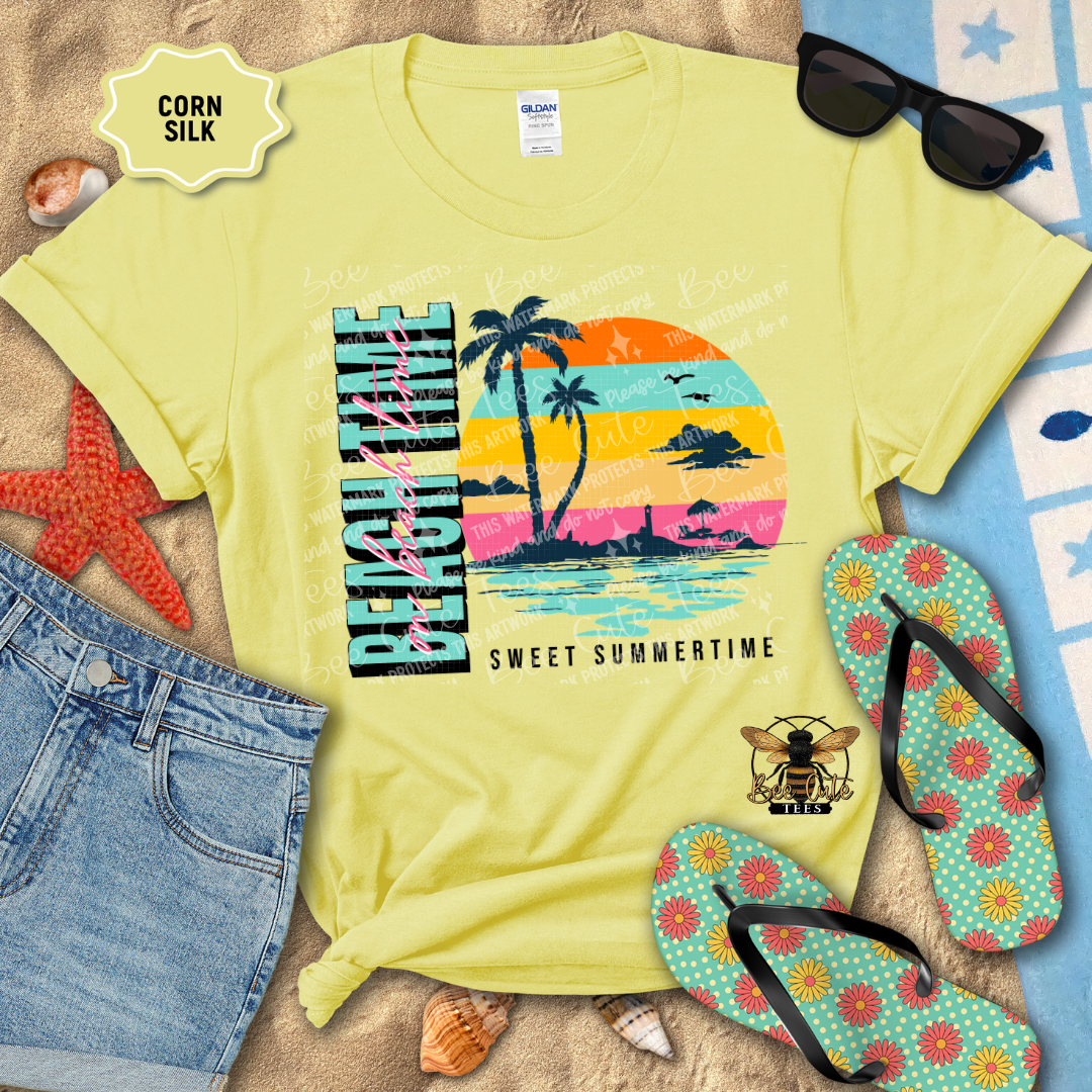 Yellow t-shirt with a tropical design, sunglasses, flip-flops, and denim shorts on a beach-themed background.