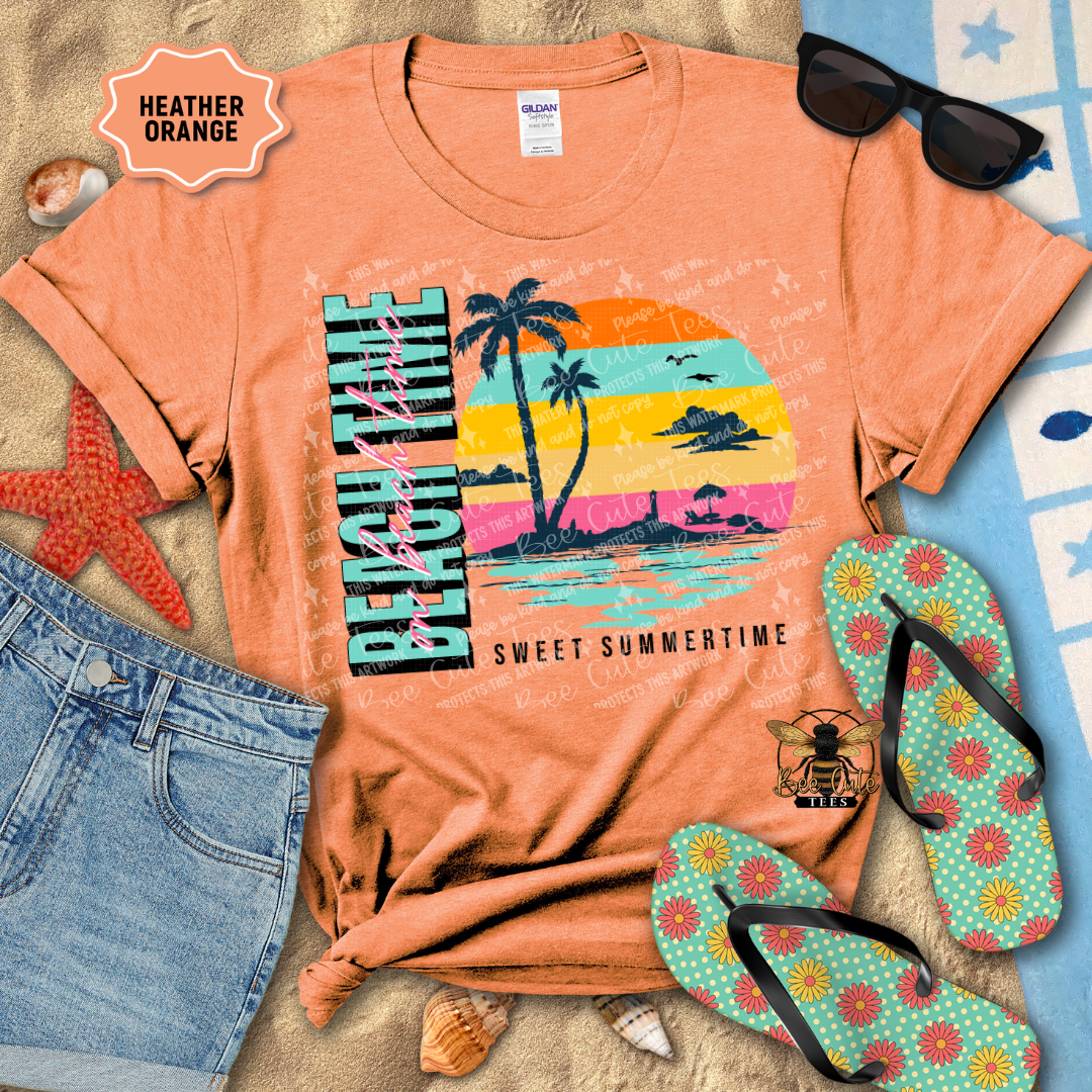 Orange t-shirt with beach graphic, sunglasses, denim shorts, starfish, and flip-flops on a textured surface.
