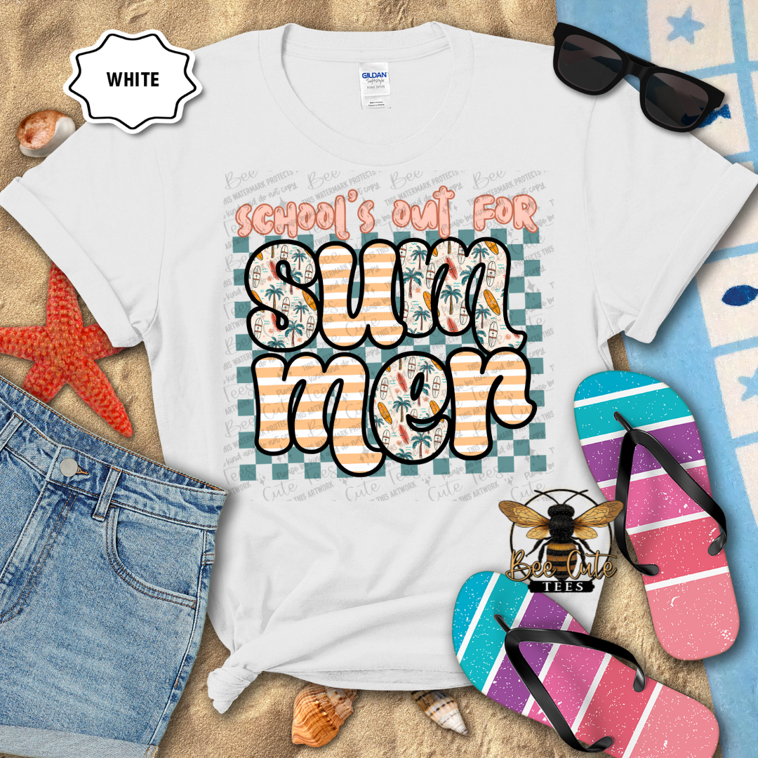 White t-shirt with 'School's out for Summer' design on a beach-themed background with sunglasses, flip-flops, and denim shorts.
