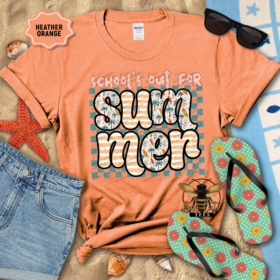 Orange t-shirt with 'School's out for Summer' text, sunglasses, flip-flops, and denim shorts on a beach-themed background.